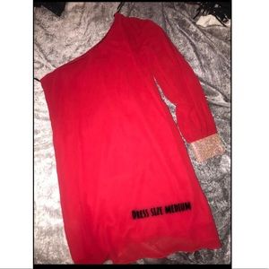 Red one shoulder dress w/ rhinestone wrist